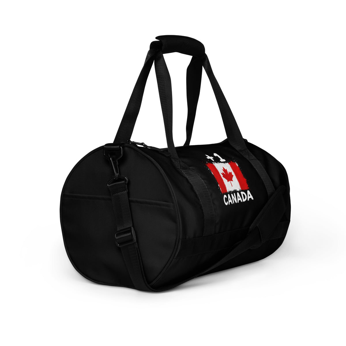 Sac de sport noir Canada +1 avec drapeau canadien floqué - vue de profil droit, bandoulière - Indicatif Fier