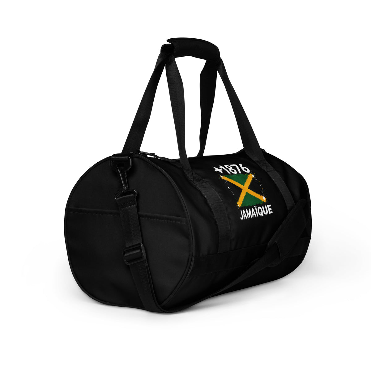 Sac de sport noir Jamaïque +1876 avec drapeau jamaïcain floqué effet éclaboussure de peinture - vue de profil droit - Indicatif Fier