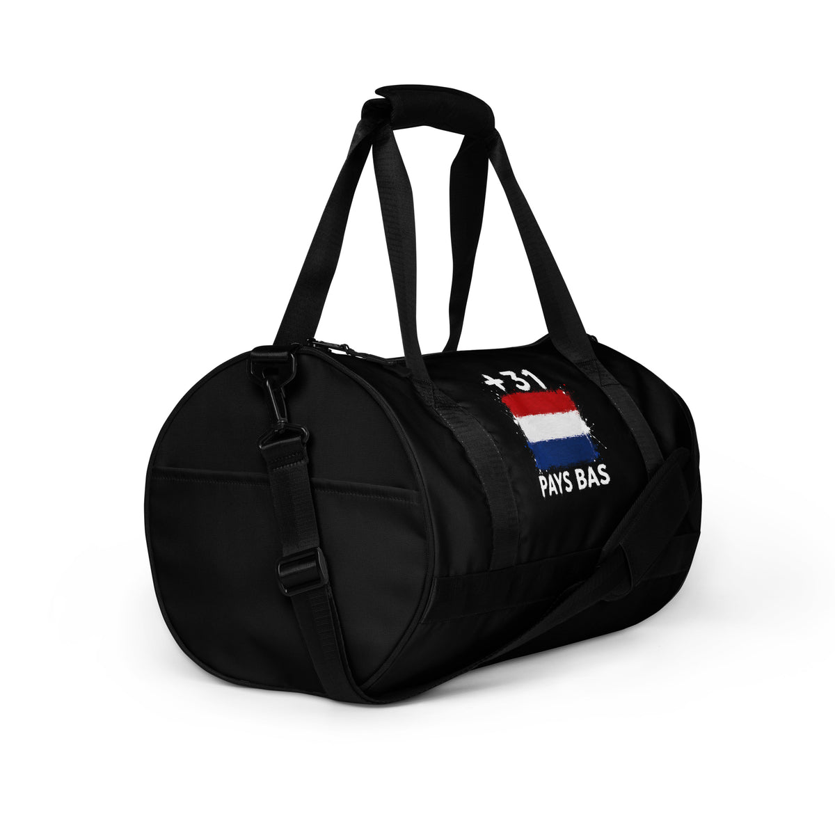 Sac de sport noir Pays Bas +31 avec drapeau néerlandais floqué - vue de profil droit - Indicatif Fier