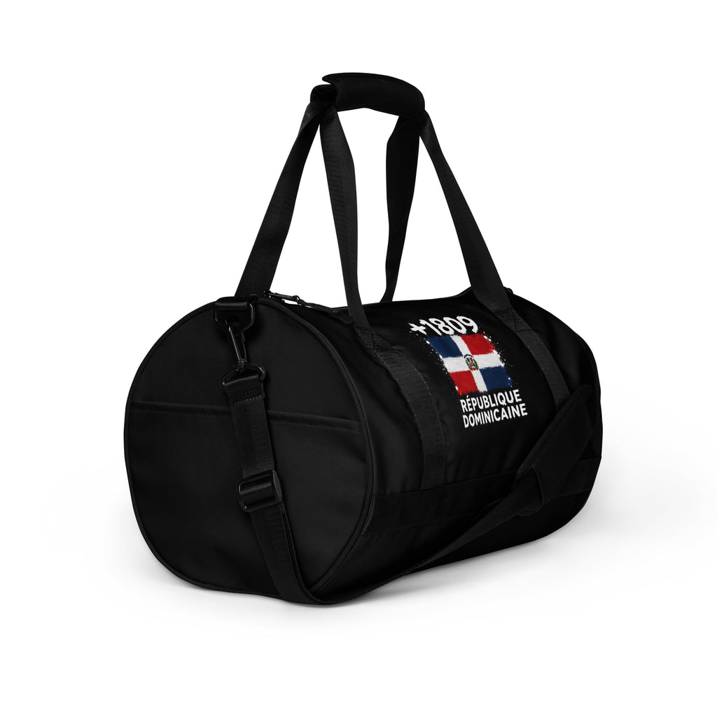Sac de sport noir République Dominicaine +1809 avec drapeau dominicain floqué effet éclaboussure de peinture - vue de profil droit - Indicatif Fier