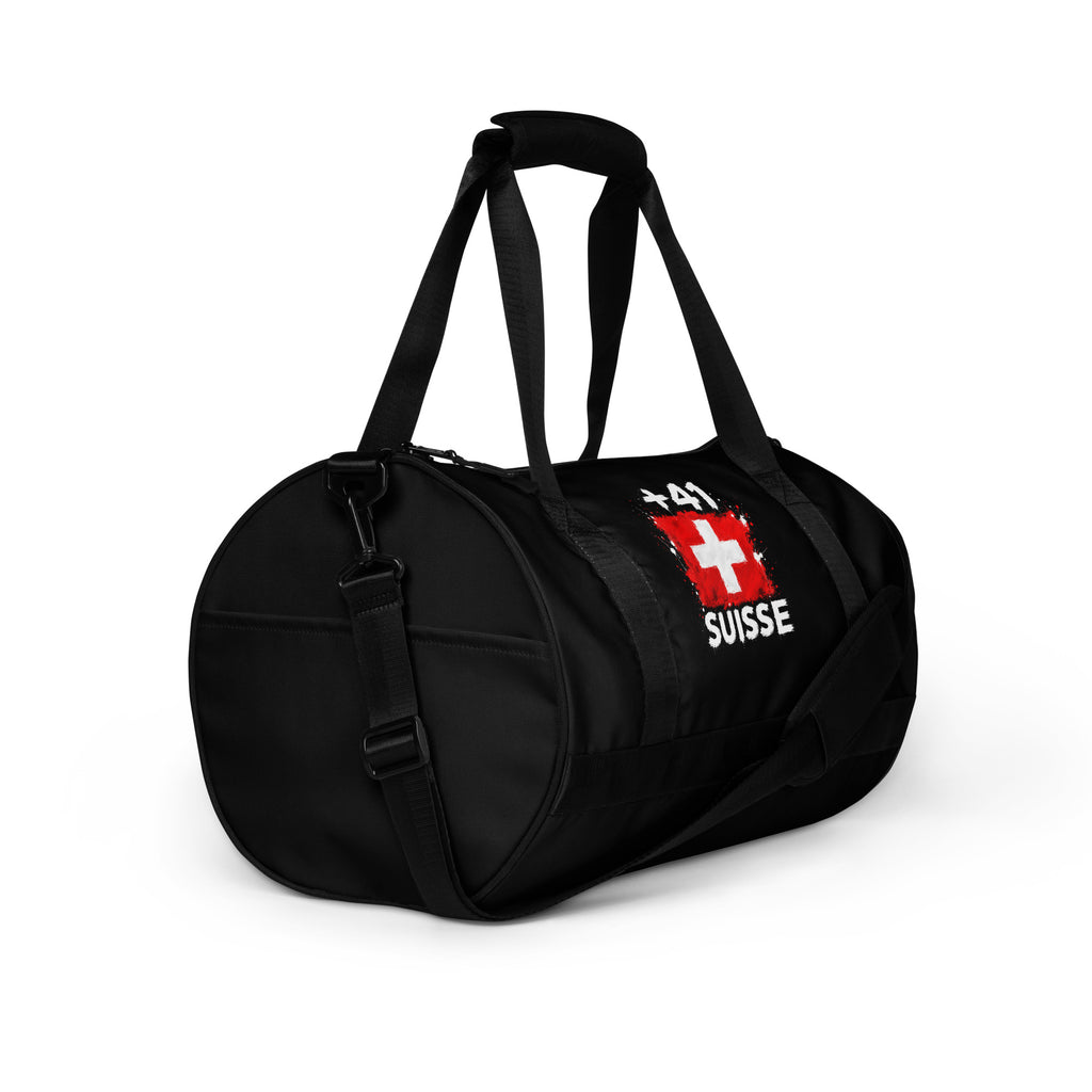 Sac de Sport Suisse +41 - Noir avec drapeau floqué effet éclaboussure de peinture - vue de trois-quarts droit - Indicatif Fier
