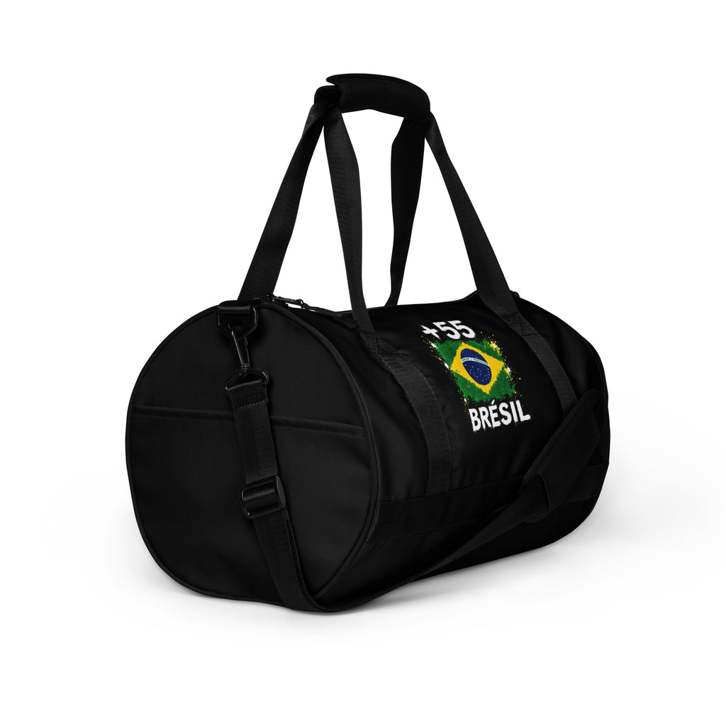 Sac de Sport Brésil +55 - Noir avec drapeau floqué effet éclaboussure de peinture - vue de trois-quarts droit - Indicatif Fier