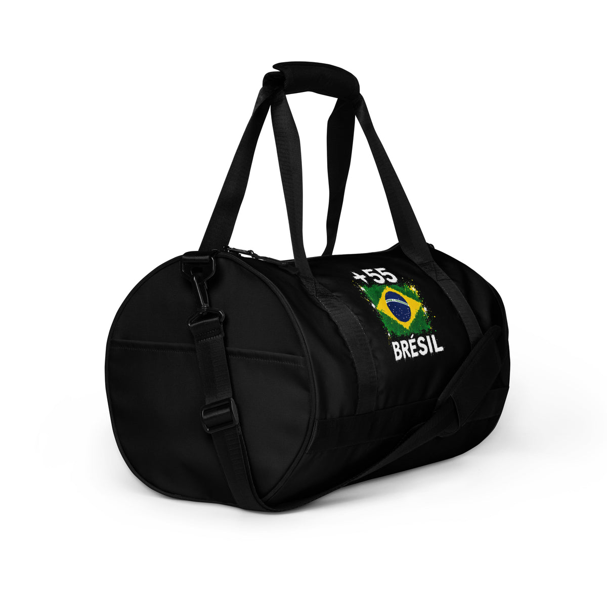 Sac de Sport Brésil +55 - Noir avec drapeau floqué effet éclaboussure de peinture - vue de trois-quarts droit - Indicatif Fier