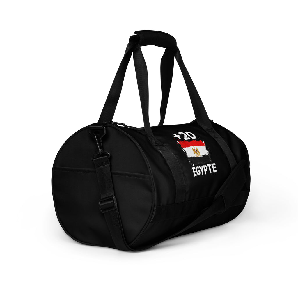 Sac de Sport Égypte +20 - Noir avec drapeau floqué effet éclaboussure de peinture - vue de trois-quarts droit - Indicatif Fier