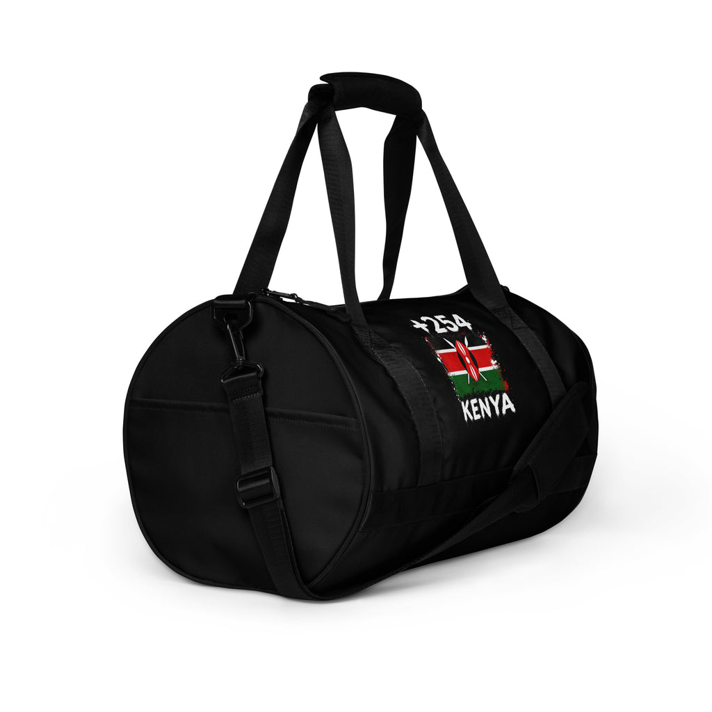 Sac de Sport Kenya +254 - Noir avec drapeau floqué effet éclaboussure de peinture - vue de trois-quarts droit - Indicatif Fier