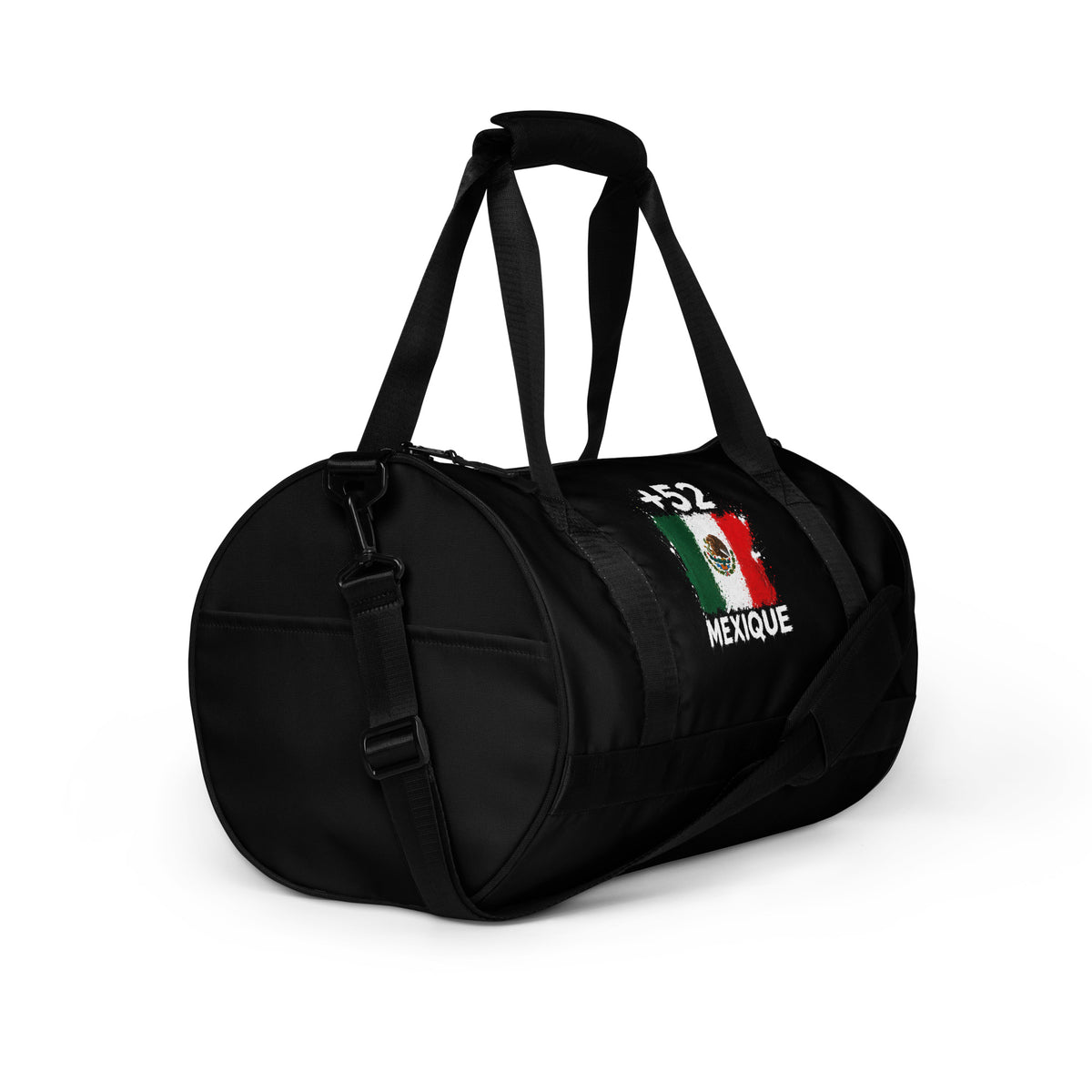 Sac de Sport Mexique +52 - Noir avec drapeau floqué effet éclaboussure de peinture - vue de trois-quarts droit - Indicatif Fier