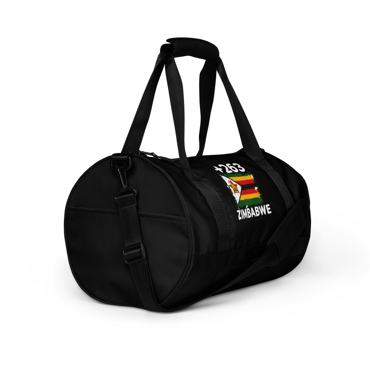 Sac de Sport Zimbabwe +263 - Noir avec drapeau floqué effet éclaboussure de peinture - vue de trois-quarts droit - Indicatif Fier