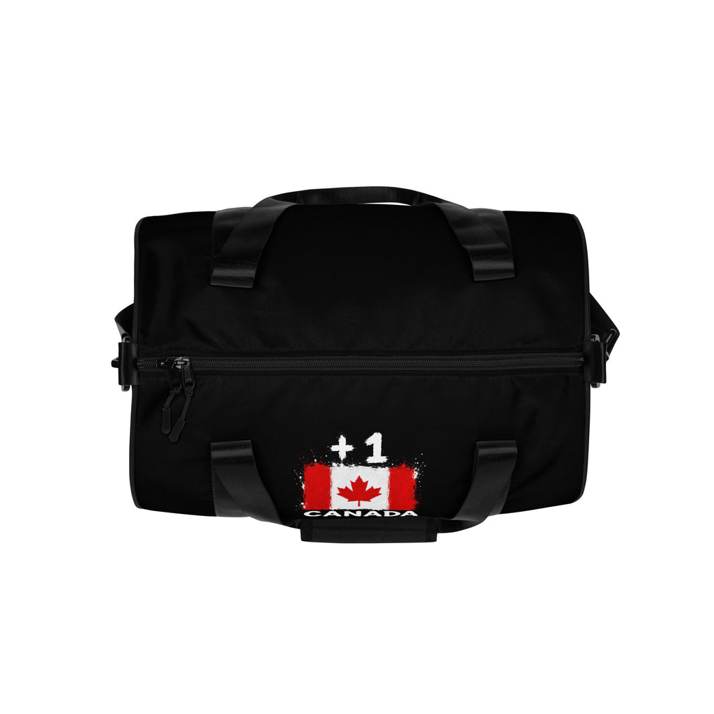 Sac de sport noir Canada +1 - vue du dessus avec drapeau canadien floqué - Indicatif Fier