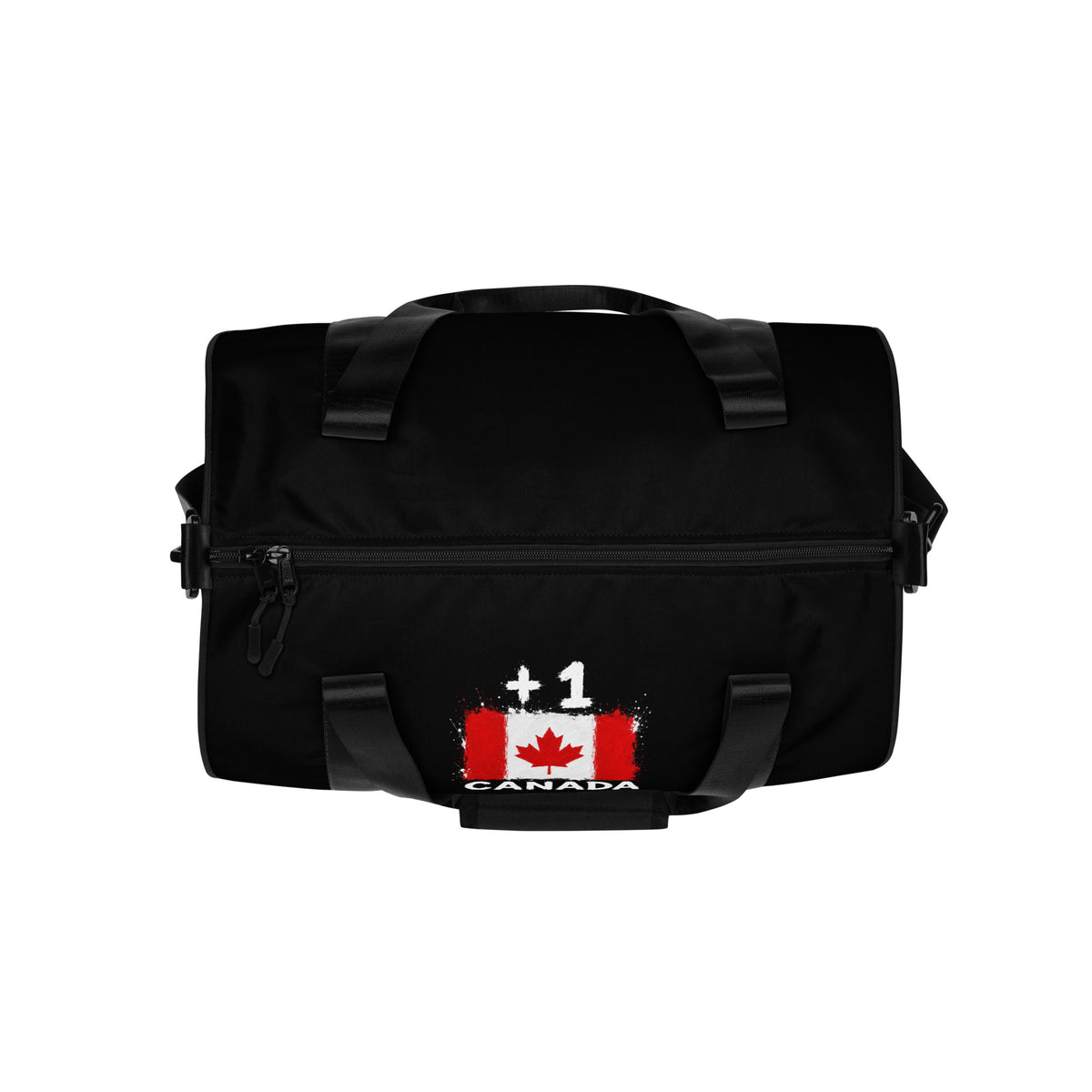 Sac de sport noir Canada +1 - vue du dessus avec drapeau canadien floqué - Indicatif Fier