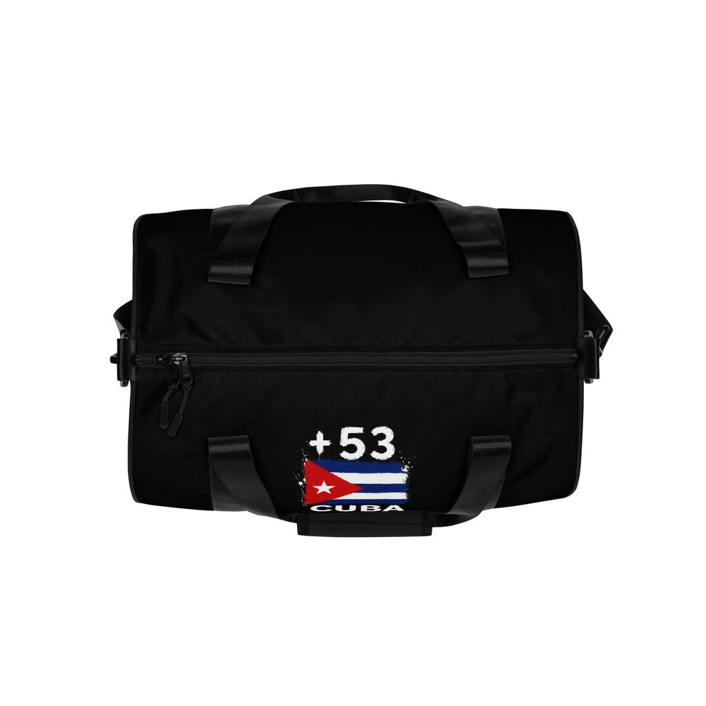 Sac de sport noir Cuba +53 - vue du dessus avec drapeau cubain floqué - Indicatif Fier