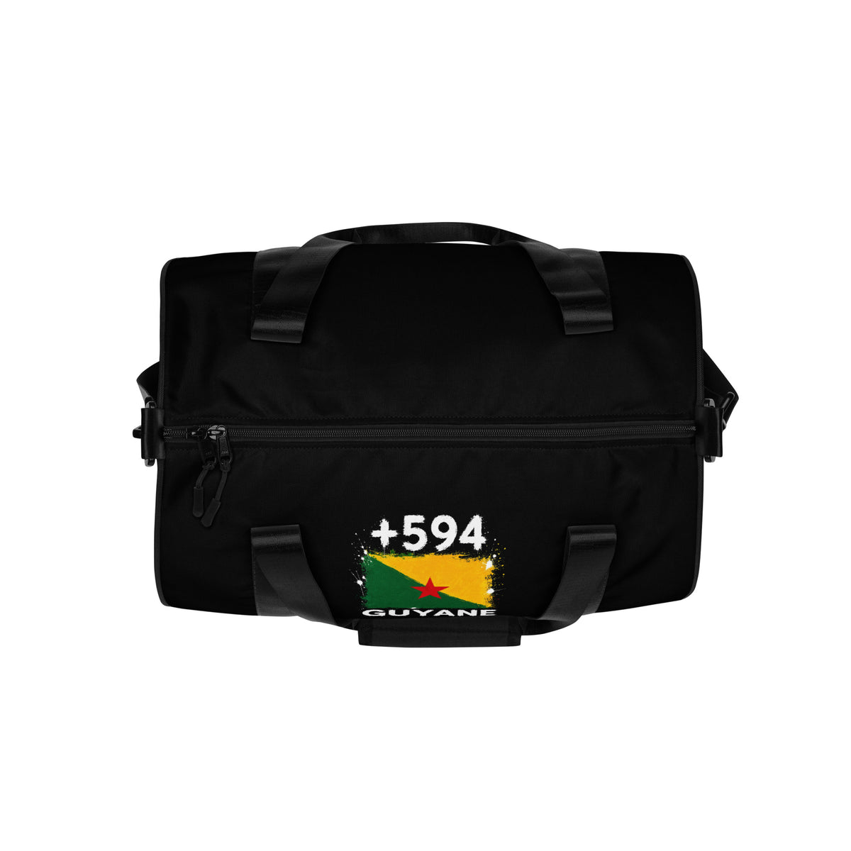 Sac de sport noir Guyane +594 avec drapeau guyanais floqué - vue du dessus - Indicatif Fier
