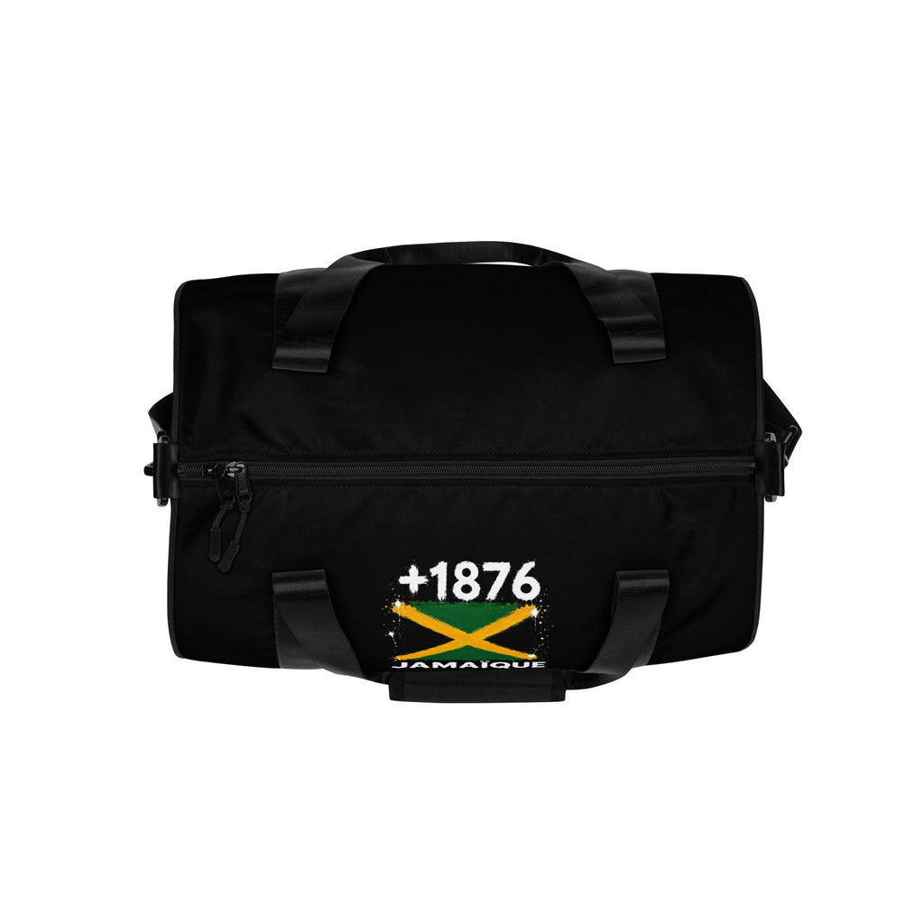 Sac de sport noir Jamaïque +1876 avec drapeau jamaïcain floqué effet éclaboussure de peinture - vue de dessus - Indicatif Fier