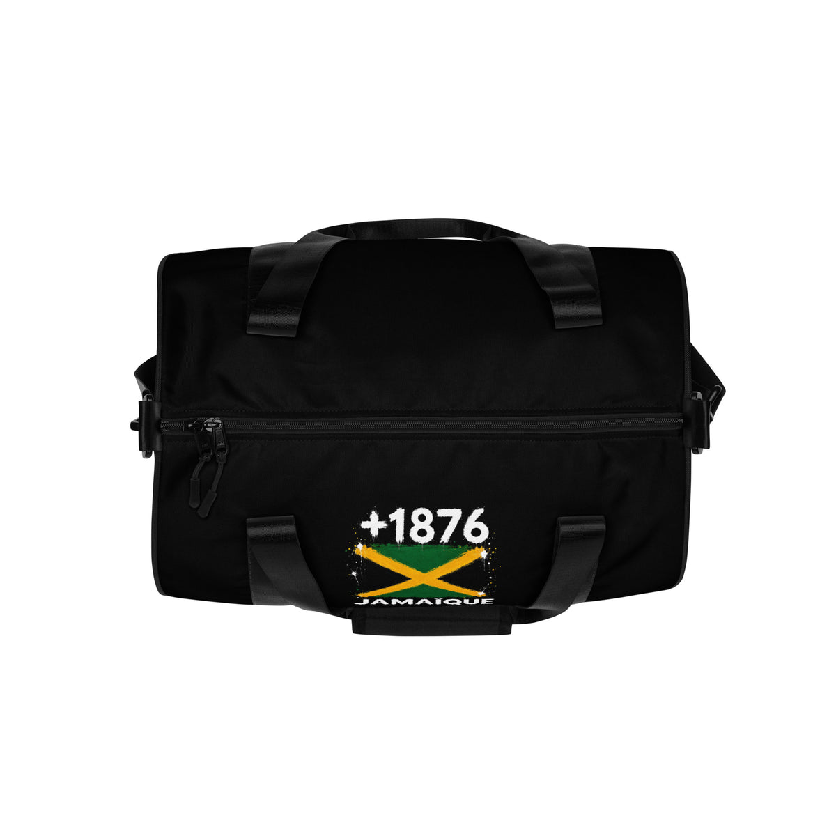 Sac de sport noir Jamaïque +1876 avec drapeau jamaïcain floqué effet éclaboussure de peinture - vue de dessus - Indicatif Fier