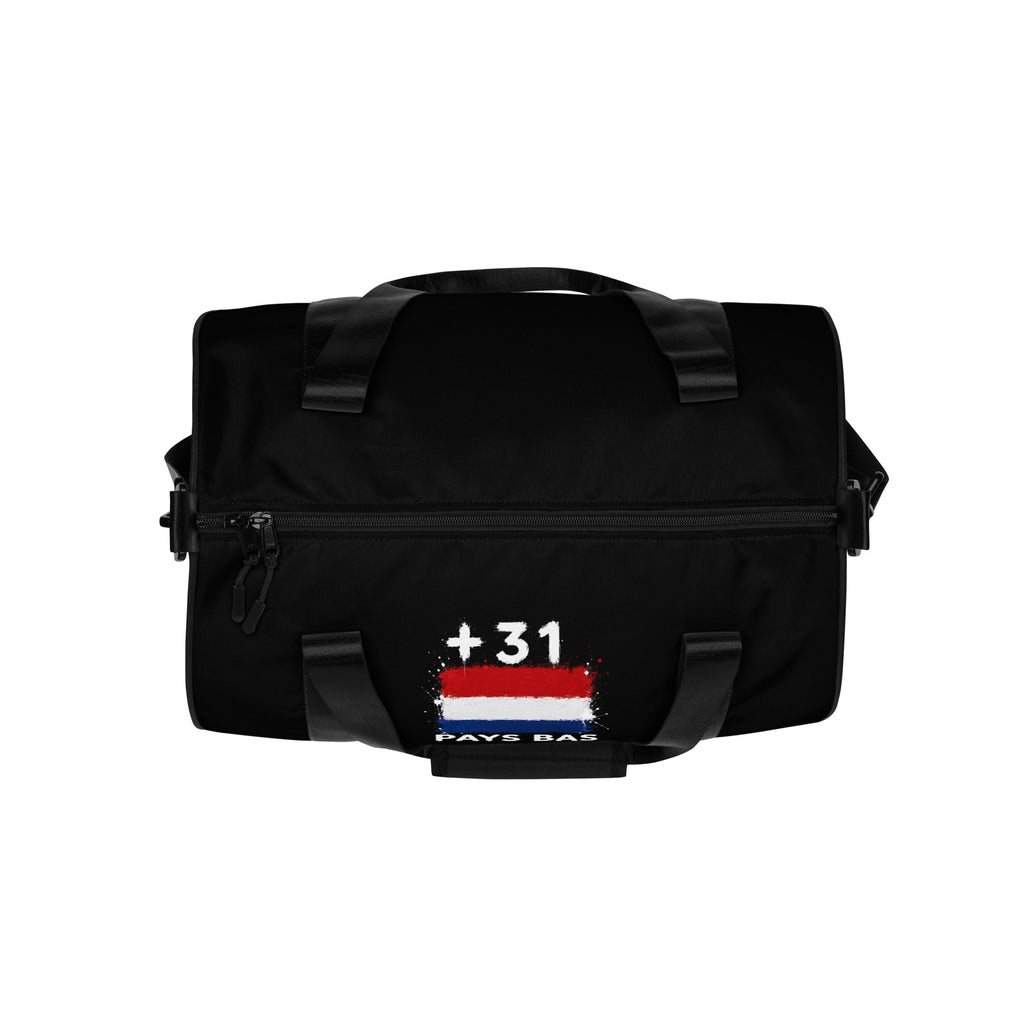 Sac de sport noir Pays Bas +31 avec drapeau néerlandais floqué - vue de dessus - Indicatif Fier