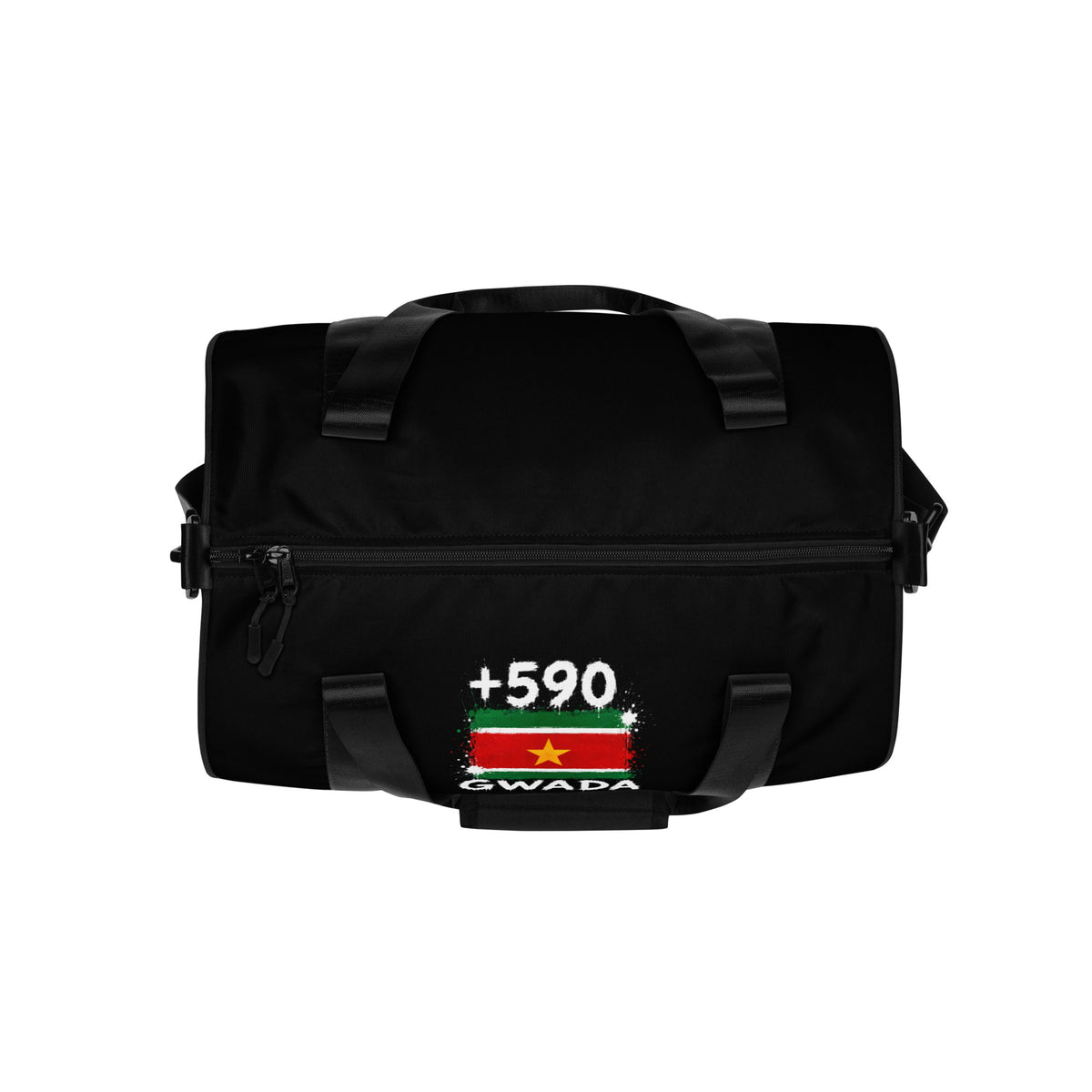 Sac de Sport Guadeloupe +590 - Noir avec drapeau floqué effet éclaboussure de peinture - vue détaillée - Indicatif Fier