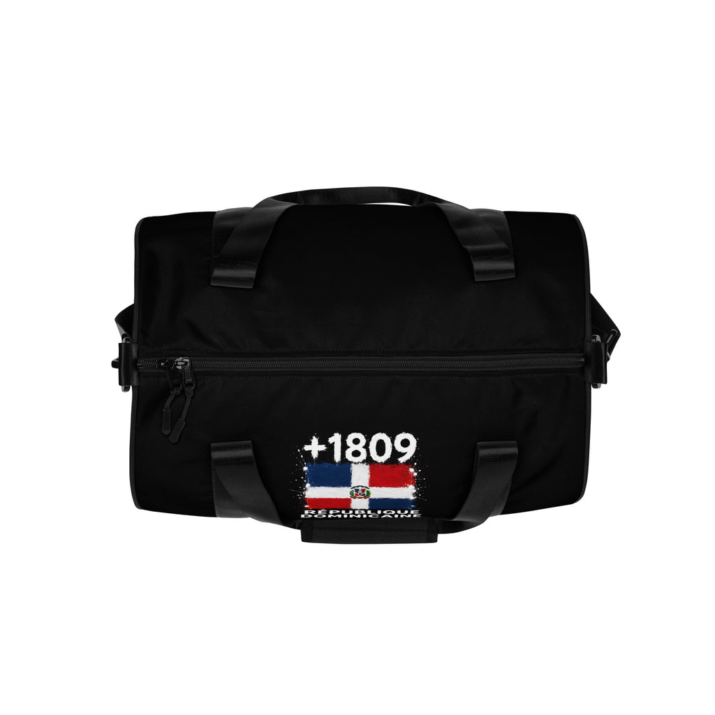 Sac de sport noir République Dominicaine +1809 avec drapeau dominicain floqué effet éclaboussure de peinture - vue de dessus - Indicatif Fier