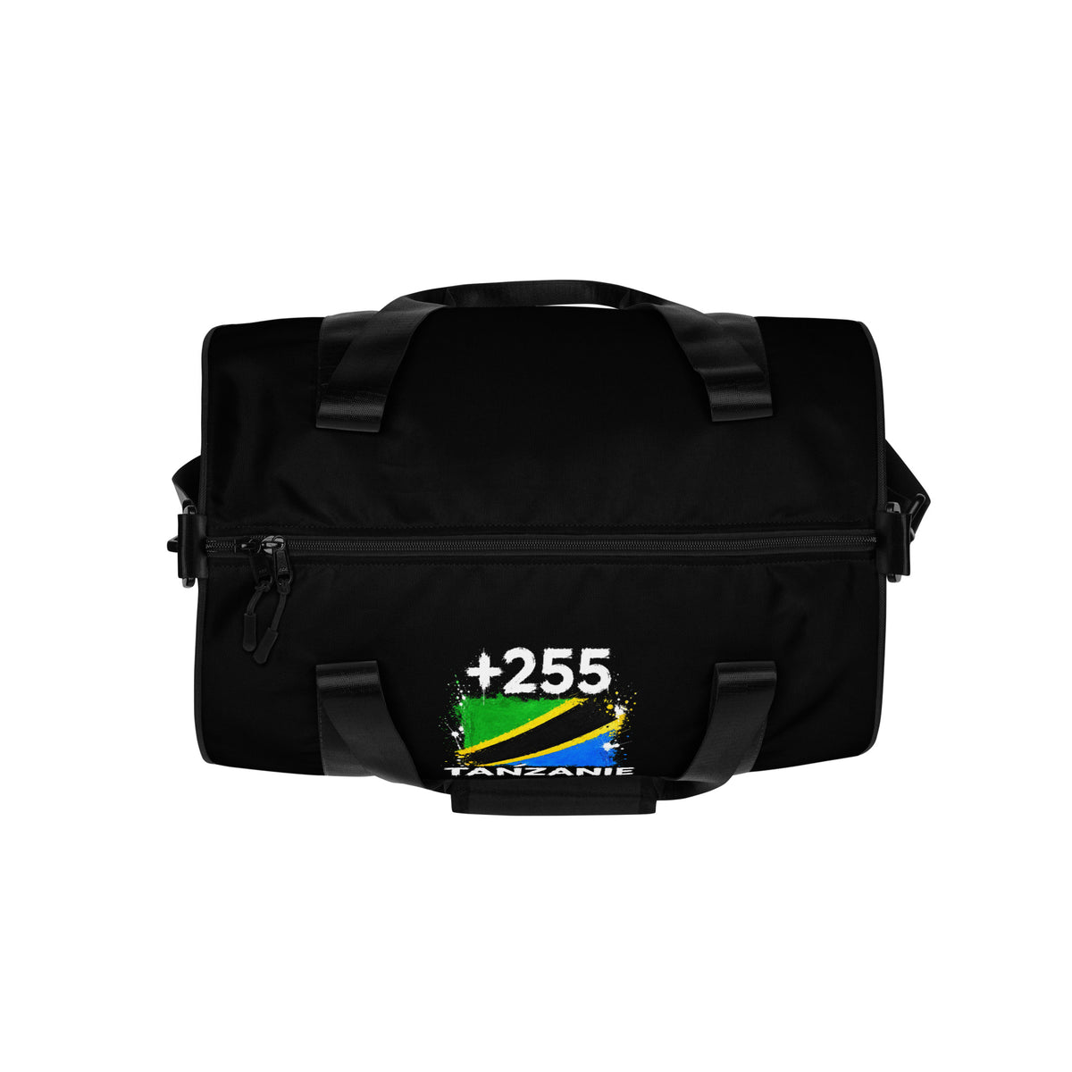 Sac de Sport Tanzanie +255 - Noir avec drapeau floqué effet éclaboussure de peinture - vue détaillée - Indicatif Fier