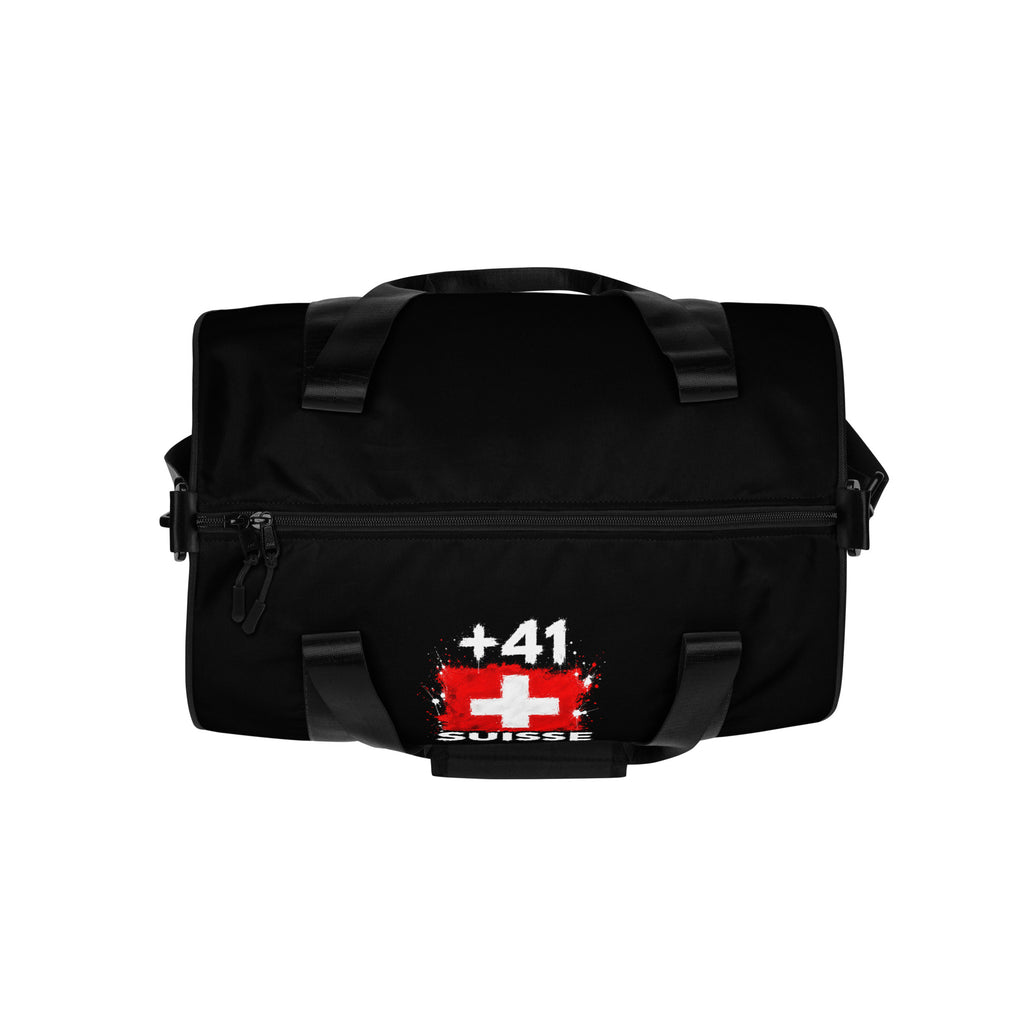 Sac de Sport Suisse +41 - Noir avec drapeau floqué effet éclaboussure de peinture - vue détaillée - Indicatif Fier