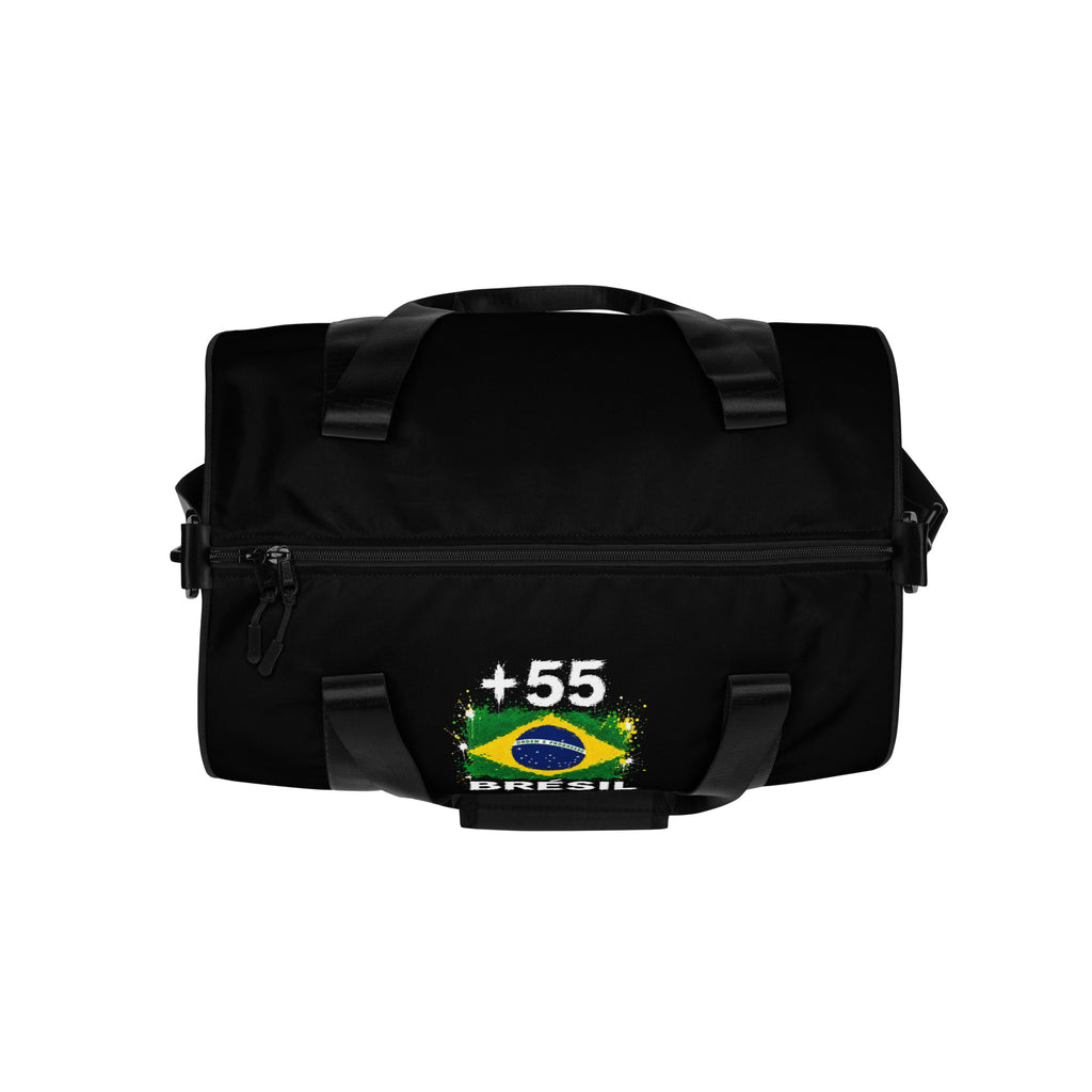 Sac de Sport Brésil +55 - Noir avec drapeau floqué effet éclaboussure de peinture - vue de dessus - Indicatif Fier