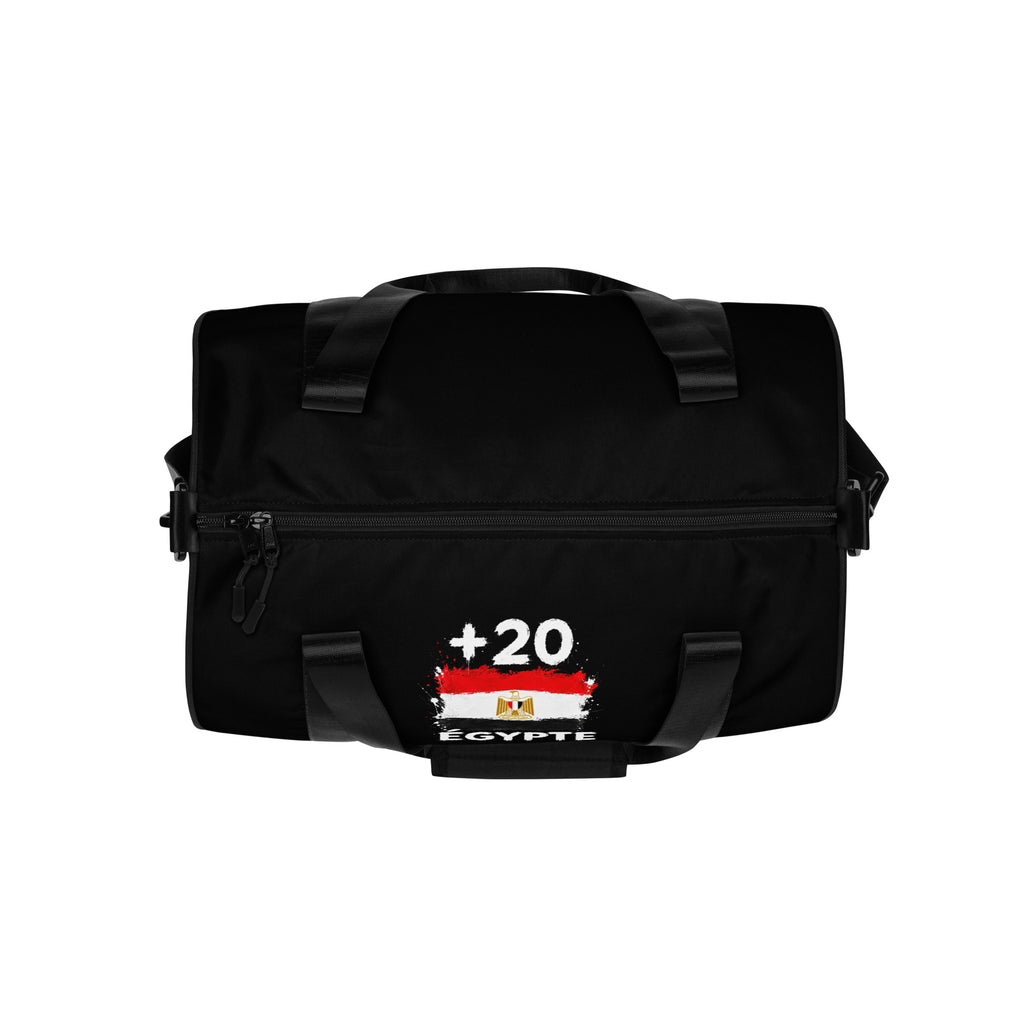 Sac de Sport Égypte +20 - Noir avec drapeau floqué effet éclaboussure de peinture - vue de dessus - Indicatif Fier