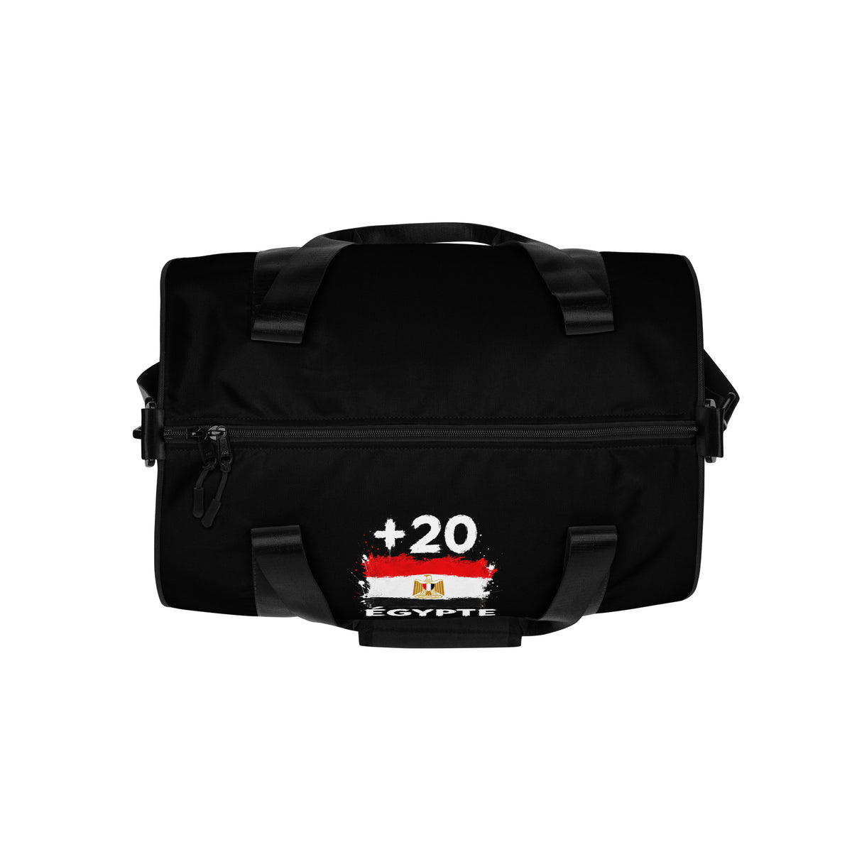 Sac de Sport Égypte +20 - Noir avec drapeau floqué effet éclaboussure de peinture - vue de dessus - Indicatif Fier