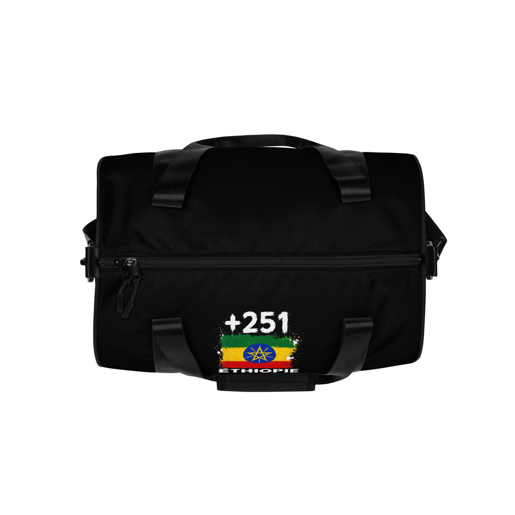 Sac de Sport Éthiopie +251 - Noir avec drapeau floqué effet éclaboussure de peinture - vue de dessus - Indicatif Fier