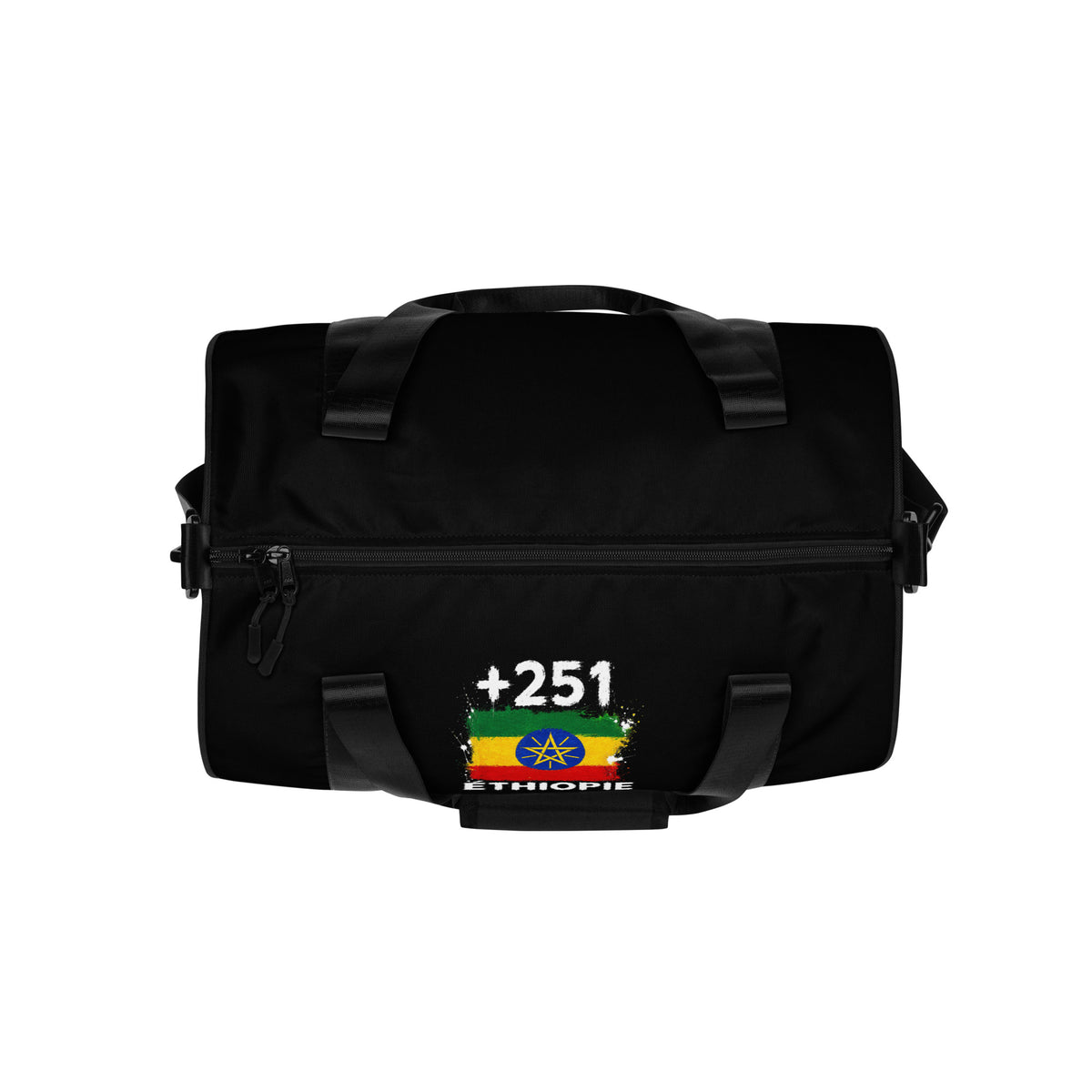 Sac de Sport Éthiopie +251 - Noir avec drapeau floqué effet éclaboussure de peinture - vue de dessus - Indicatif Fier