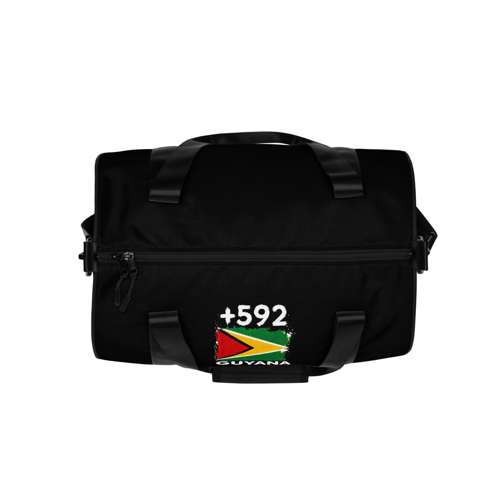 Sac de Sport Guyana +592 - Noir avec drapeau floqué effet éclaboussure de peinture - vue de dessus - Indicatif Fier