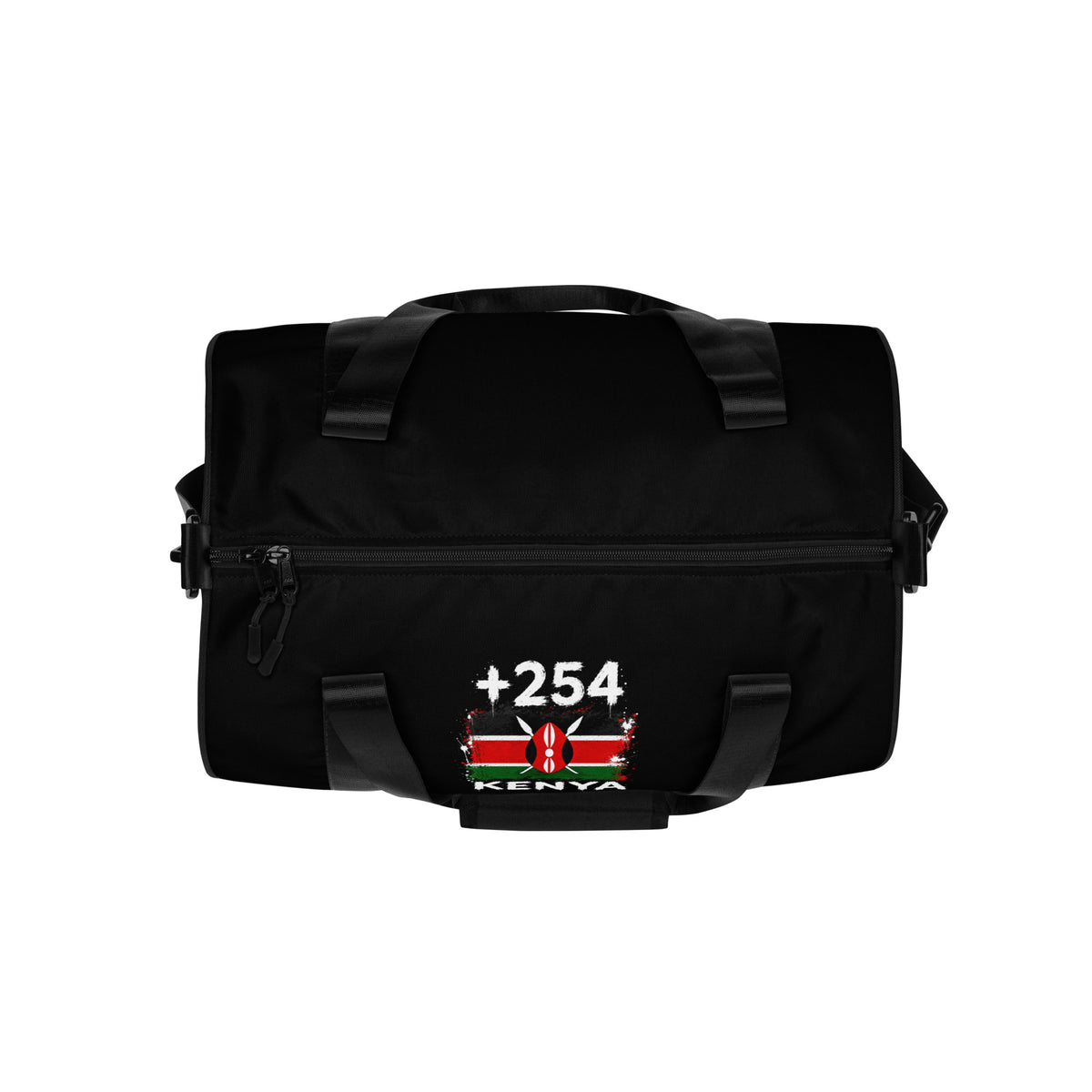 Sac de Sport Kenya +254 - Noir avec drapeau floqué effet éclaboussure de peinture - vue de dessus - Indicatif Fier