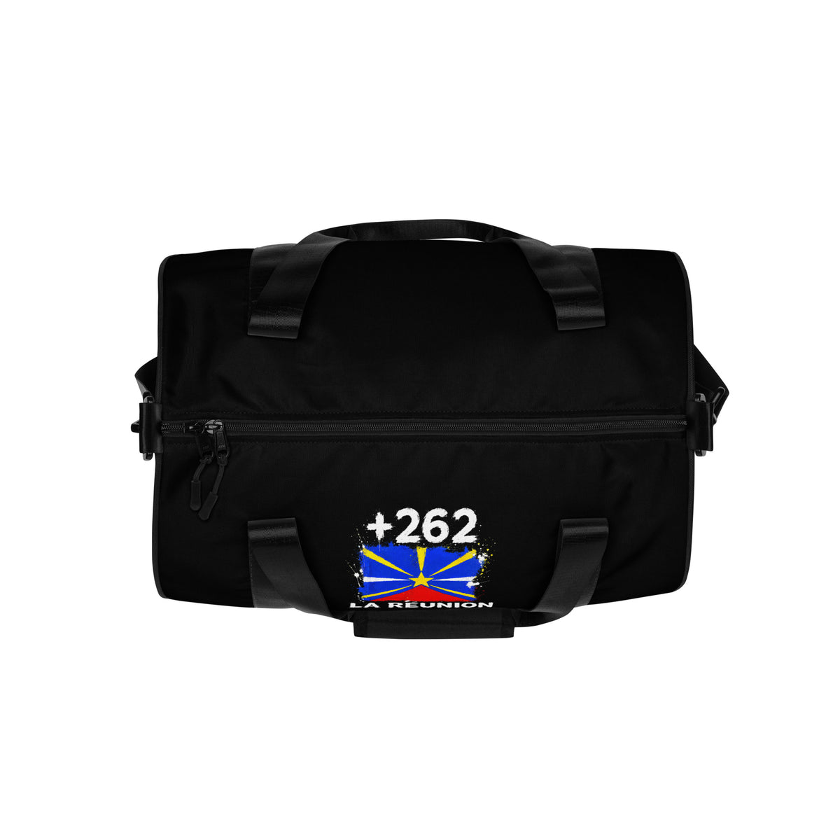 Sac de Sport La Réunion +262 - Noir avec drapeau floqué effet éclaboussure de peinture - vue de dessus - Indicatif Fier
