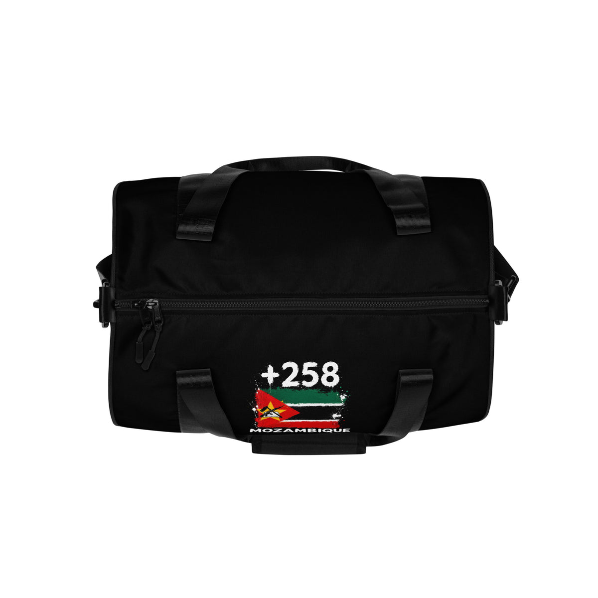Sac de Sport Mozambique +258 - Noir avec drapeau floqué effet éclaboussure de peinture - vue de dessus - Indicatif Fier