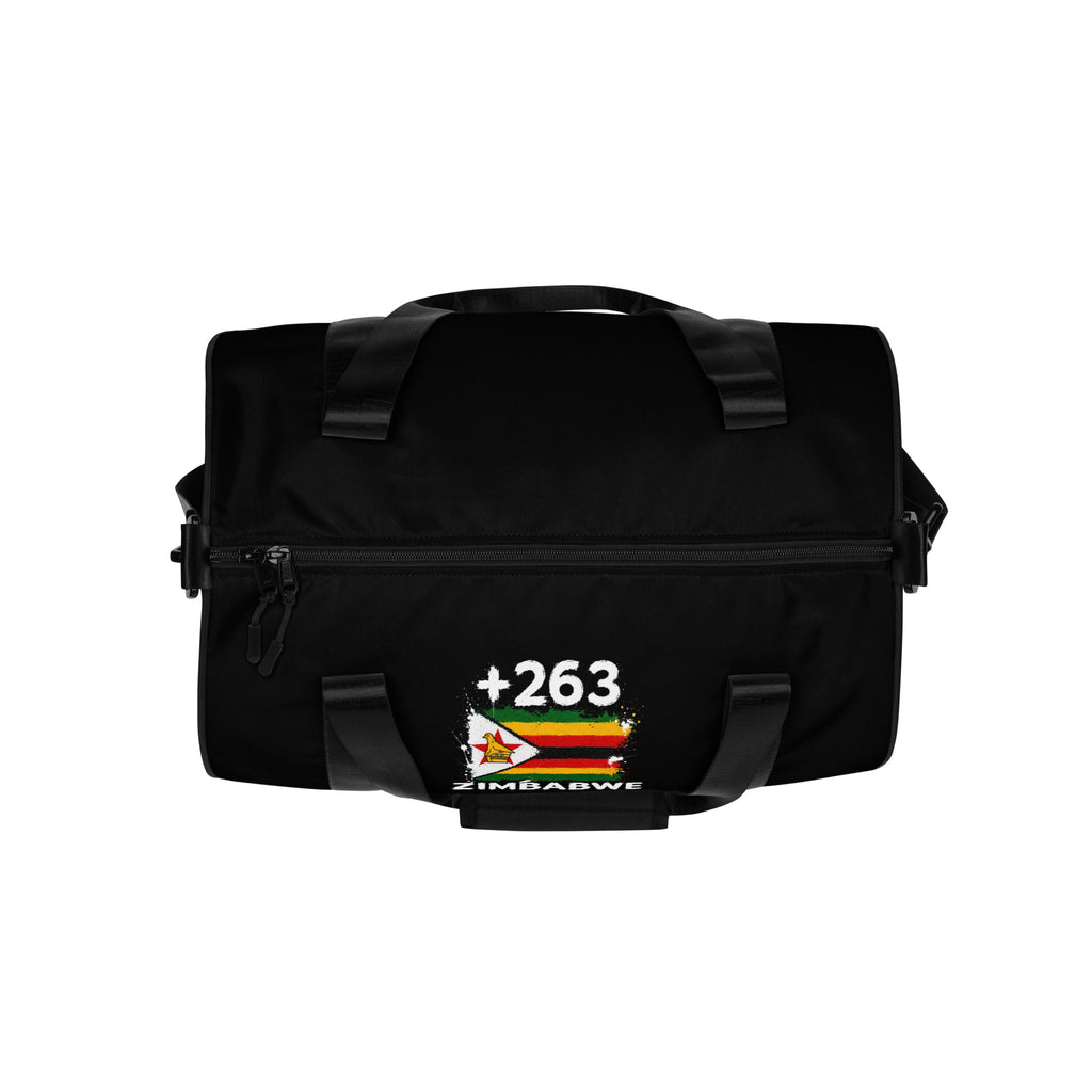Sac de Sport Zimbabwe +263 - Noir avec drapeau floqué effet éclaboussure de peinture - vue de dessus - Indicatif Fier