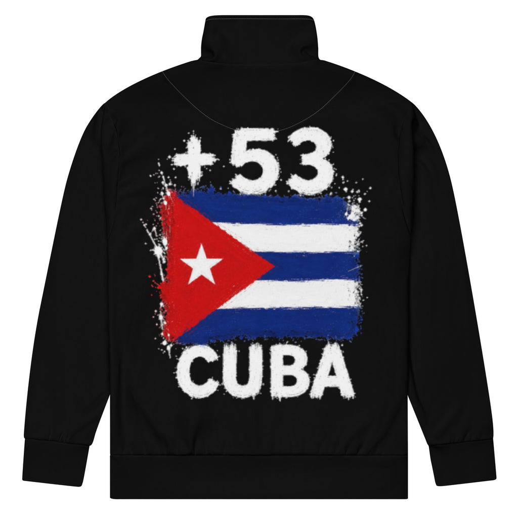 Survêtement noir Cuba +53 avec drapeau cubain floqué effet éclaboussure de peinture - vue de dos - Indicatif Fier