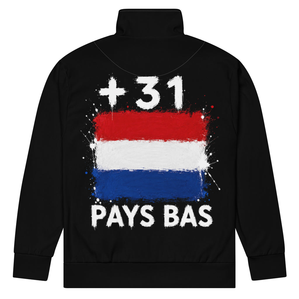 Veste de survêtement noire Pays Bas +31 avec drapeau néerlandais floqué effet éclaboussure de peinture - vue de dos - Indicatif Fier