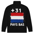 Veste de survêtement noire Pays Bas +31 avec drapeau néerlandais floqué effet éclaboussure de peinture - vue de dos - Indicatif Fier