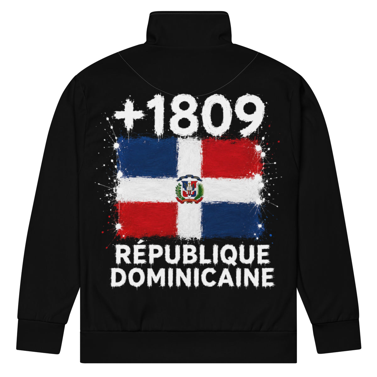 Survêtement noir République Dominicaine +1809 avec drapeau dominicain floqué effet éclaboussure de peinture - vue de dos - Indicatif Fier