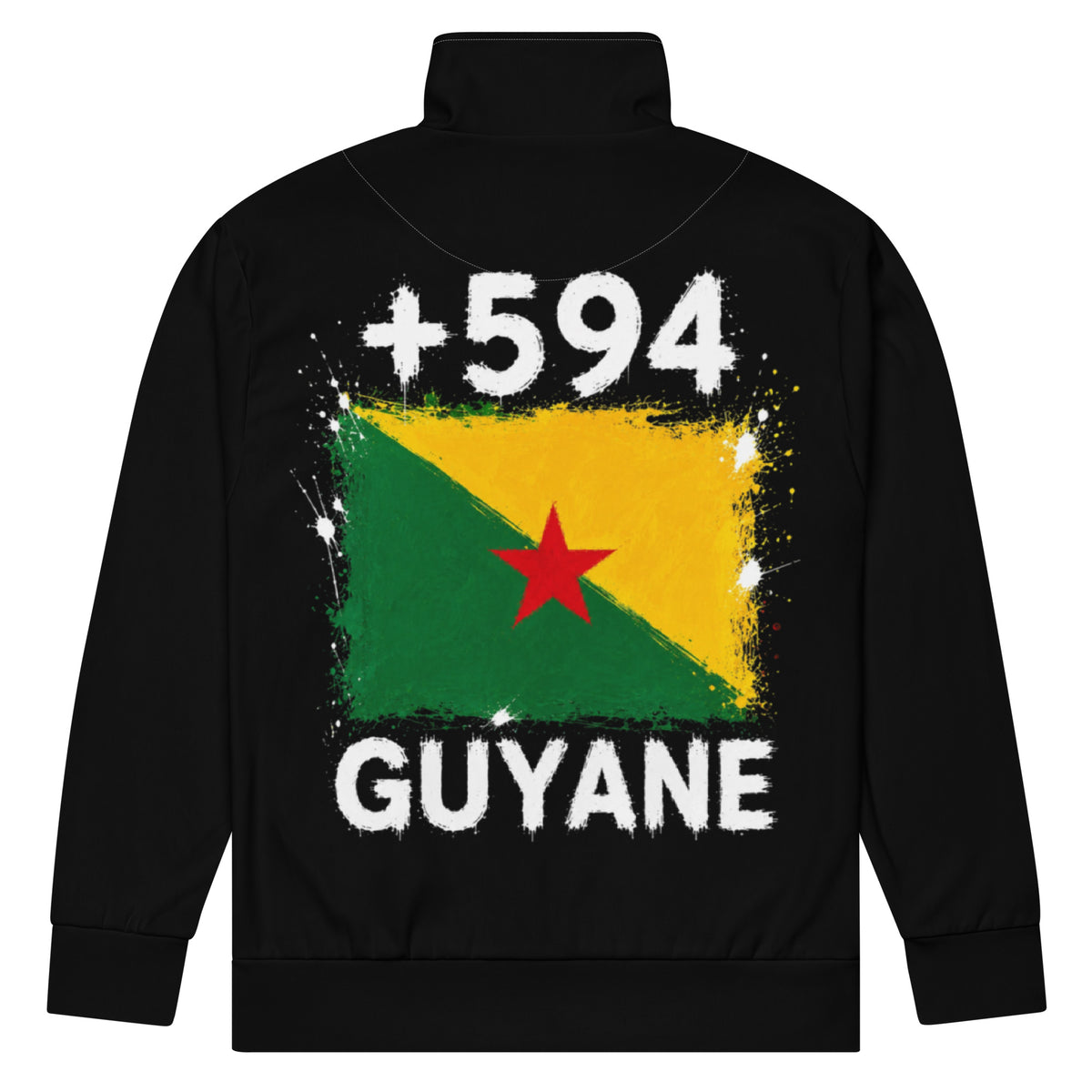 Survêtement noir Guyane +594 avec drapeau guyanais floqué effet éclaboussure de peinture - vue de dos - Indicatif Fier