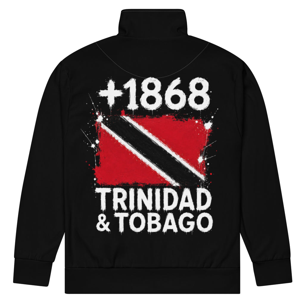 Survêtement veste noire Trinidad & Tobago +1868 avec drapeau trinidadien floqué effet éclaboussure de peinture - vue de dos - Indicatif Fier