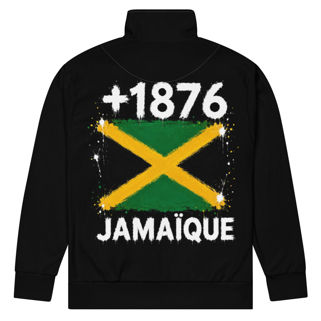 Survêtement noir Jamaïque +1876 avec drapeau jamaïcain floqué effet éclaboussure de peinture - vue de dos - Indicatif Fier