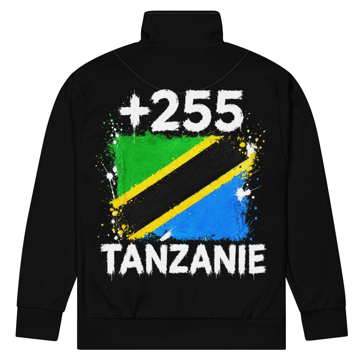 Survêtement Tanzanie +255 - Noir avec drapeau floqué effet éclaboussure de peinture - vue de dos - Indicatif Fier
