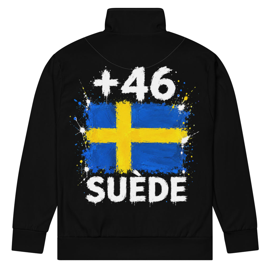 Survêtement Suède +46 - Noir avec drapeau floqué effet éclaboussure de peinture - vue de dos - Indicatif Fier