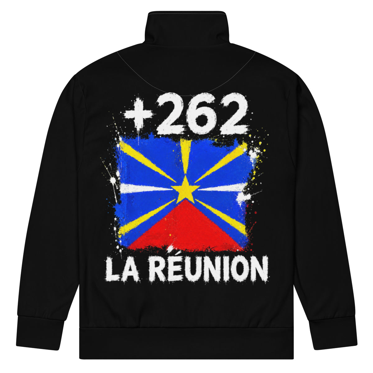 Survêtement La Réunion +262 - Noir avec drapeau floqué effet éclaboussure de peinture - vue de dos - Indicatif Fier