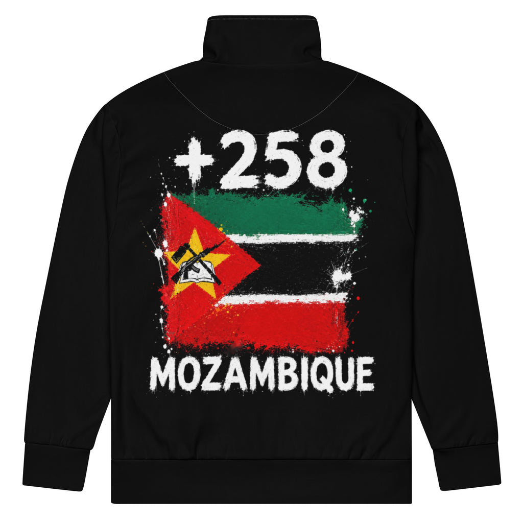 Survêtement Mozambique +258 - Noir avec drapeau floqué effet éclaboussure de peinture - vue de dos - Indicatif Fier