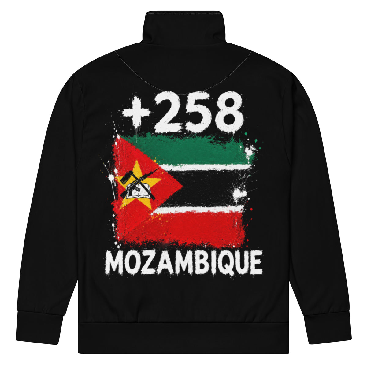 Survêtement Mozambique +258 - Noir avec drapeau floqué effet éclaboussure de peinture - vue de dos - Indicatif Fier