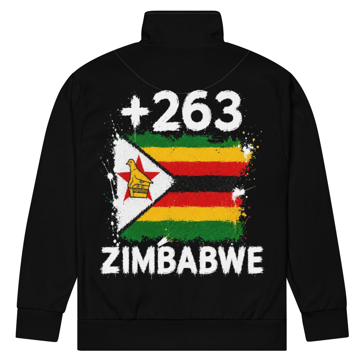 Survêtement Zimbabwe +263 - Noir avec drapeau floqué effet éclaboussure de peinture - vue de dos - Indicatif Fier