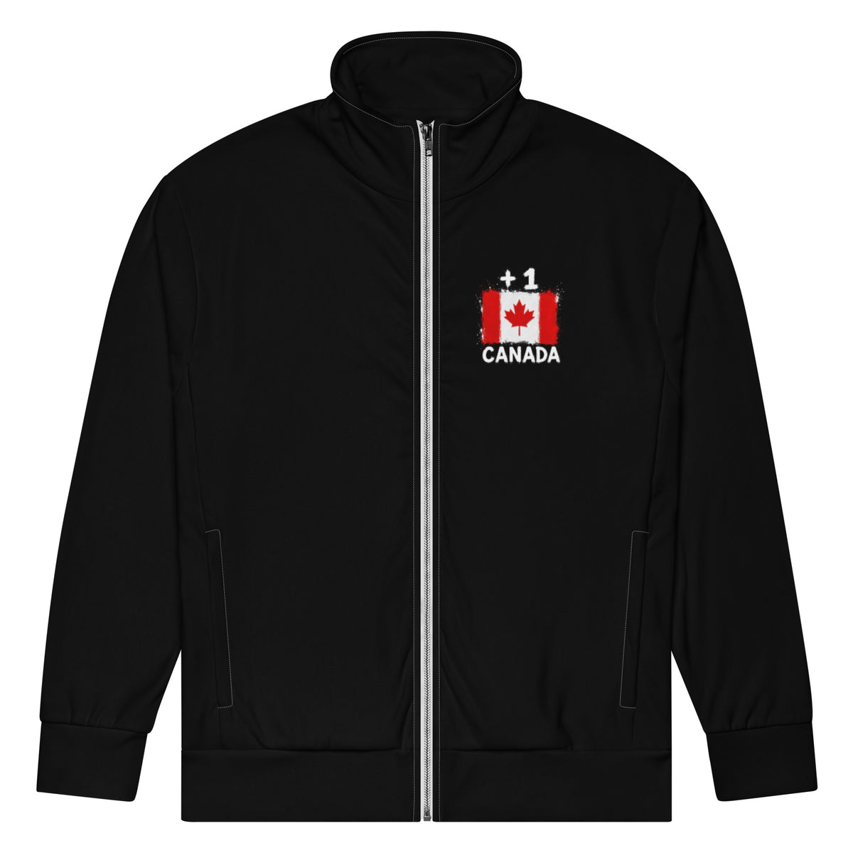 Survêtement noir Canada +1 avec drapeau canadien floqué sur la poitrine - vue de face - Indicatif Fier