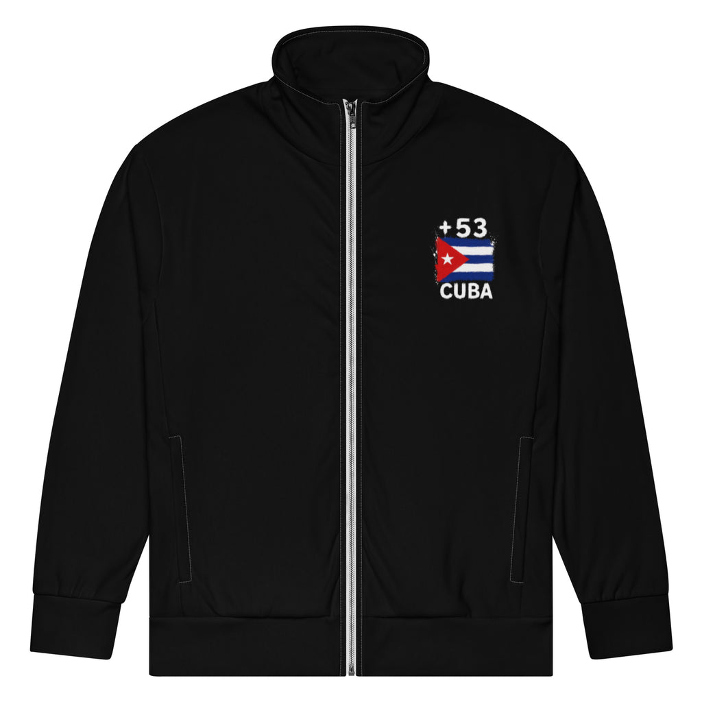 Survêtement noir Cuba +53 avec drapeau cubain floqué sur la poitrine - vue de face - Indicatif Fier