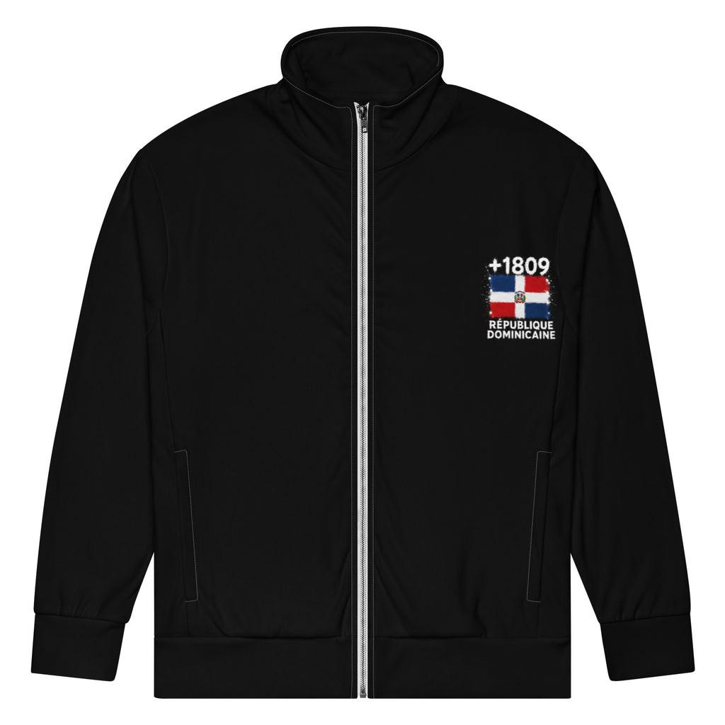 Survêtement noir République Dominicaine +1809 avec drapeau dominicain floqué - vue de face - Indicatif Fier