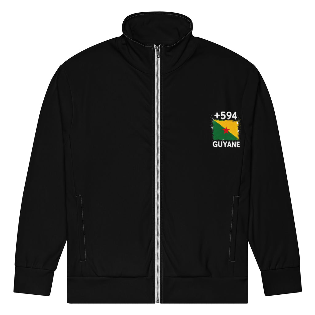 Survêtement noir Guyane +594 zippé avec petit drapeau guyanais floqué sur la poitrine - vue de face - Indicatif Fier