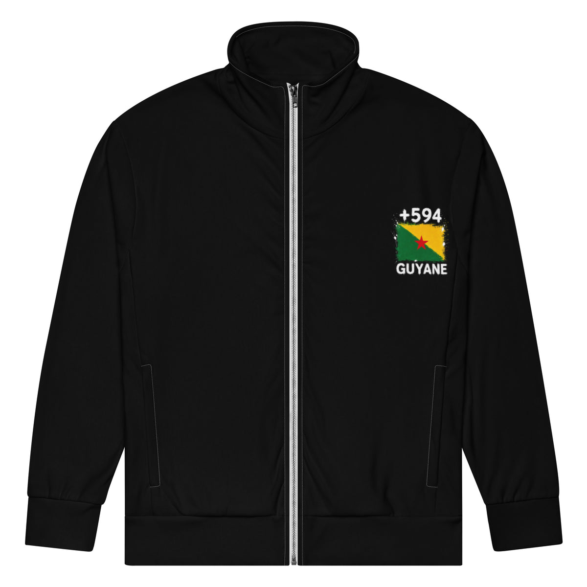 Survêtement noir Guyane +594 zippé avec petit drapeau guyanais floqué sur la poitrine - vue de face - Indicatif Fier